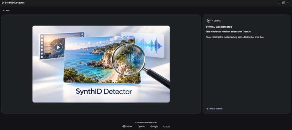 מסך תוצאות SynthID Detector המציג זיהוי סימון בתמונת הנושא ושיוך לכלי OpenAI.