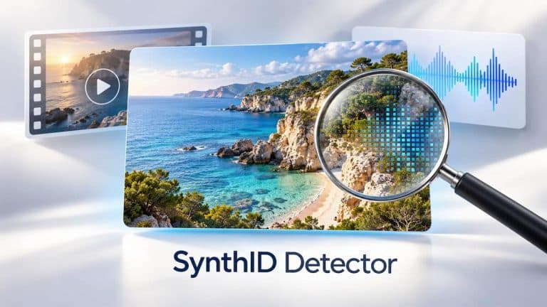 המחשה של בדיקת סימון SynthID: זכוכית מגדלת מעל תמונת נוף, לצד סרטון וגל קול.